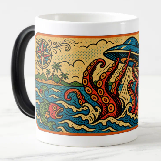  vintage-style illustration of a kraken reaching toward a blue UFO above ocean waves, with fish, tropical islands, a compass rose, and a sun face.