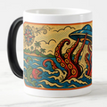  vintage-style illustration of a kraken reaching toward a blue UFO above ocean waves, with fish, tropical islands, a compass rose, and a sun face.