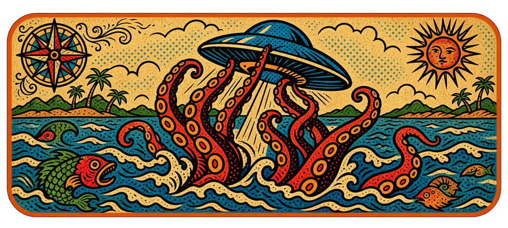 Portrait illustration of orange-red kraken tentacles grabbing a blue flying saucer above rough seas, surrounded by fish, palm islands, a compass rose, and a sun face.
