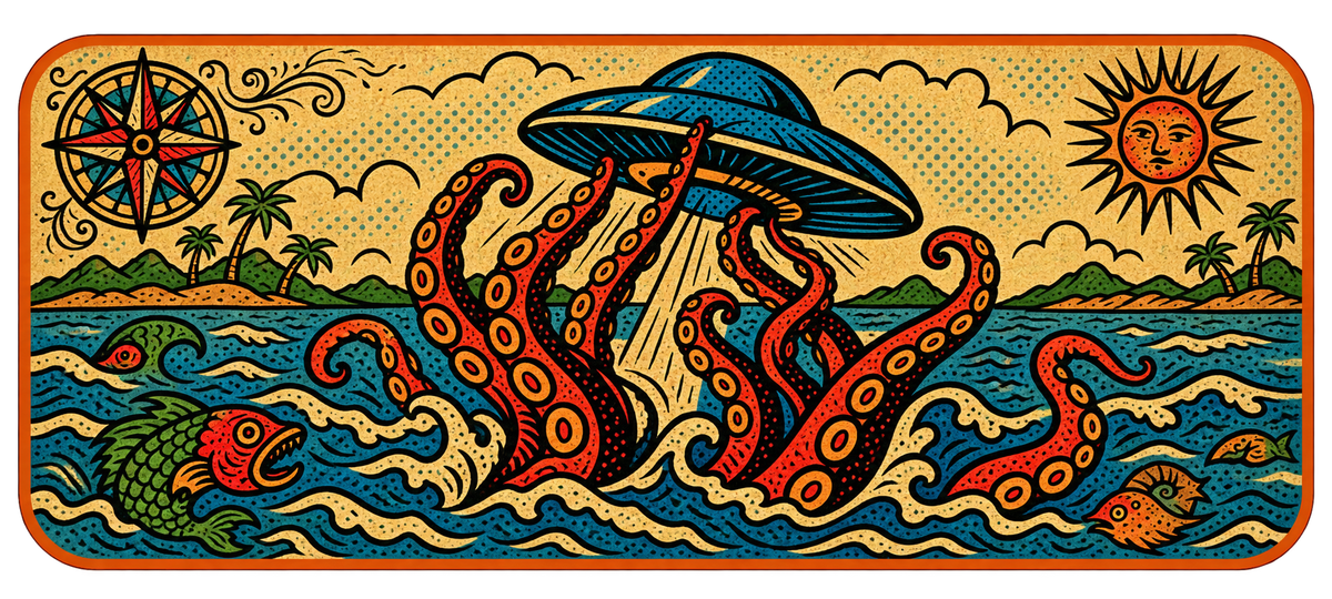 Portrait illustration of orange-red kraken tentacles grabbing a blue flying saucer above rough seas, surrounded by fish, palm islands, a compass rose, and a sun face.