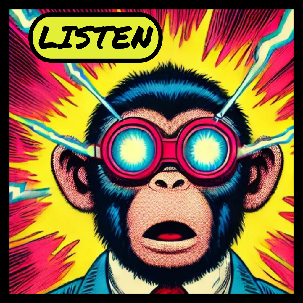 Retro cosmic monkey graphic t-shirt inspired by underground music and sci-fi art