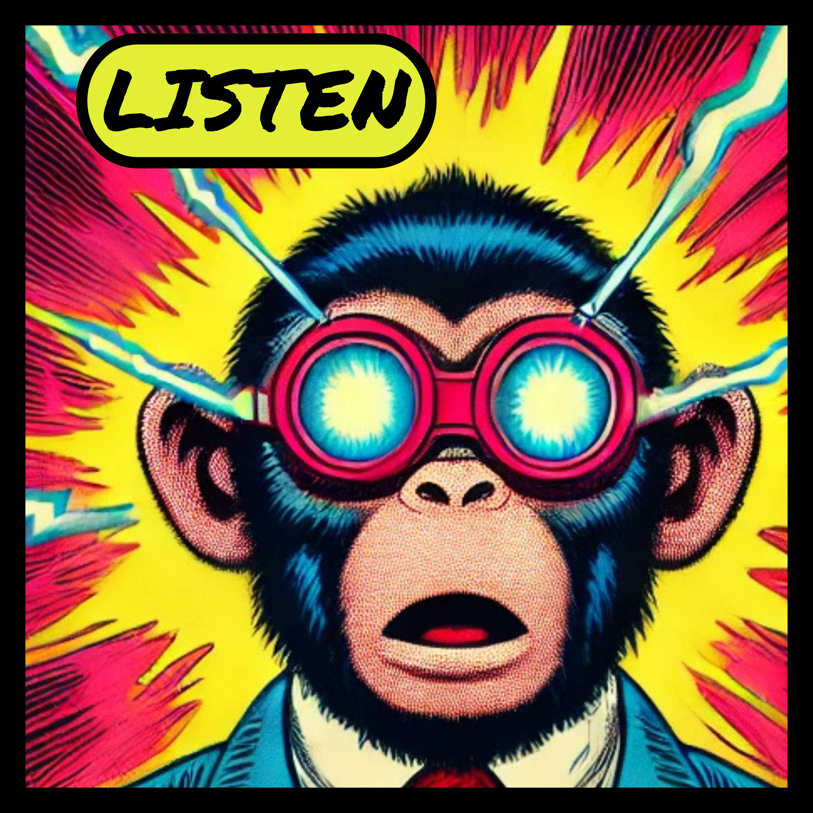 Retro cosmic monkey graphic t-shirt inspired by underground music and sci-fi art