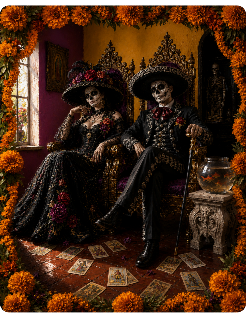 La Pareja Calavera graphic t-shirt featuring La Catrina and El Catrín seated on ornate thrones surrounded by marigolds and tarot cards