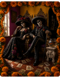 La Pareja Calavera graphic t-shirt featuring La Catrina and El Catrín seated on ornate thrones surrounded by marigolds and tarot cards
