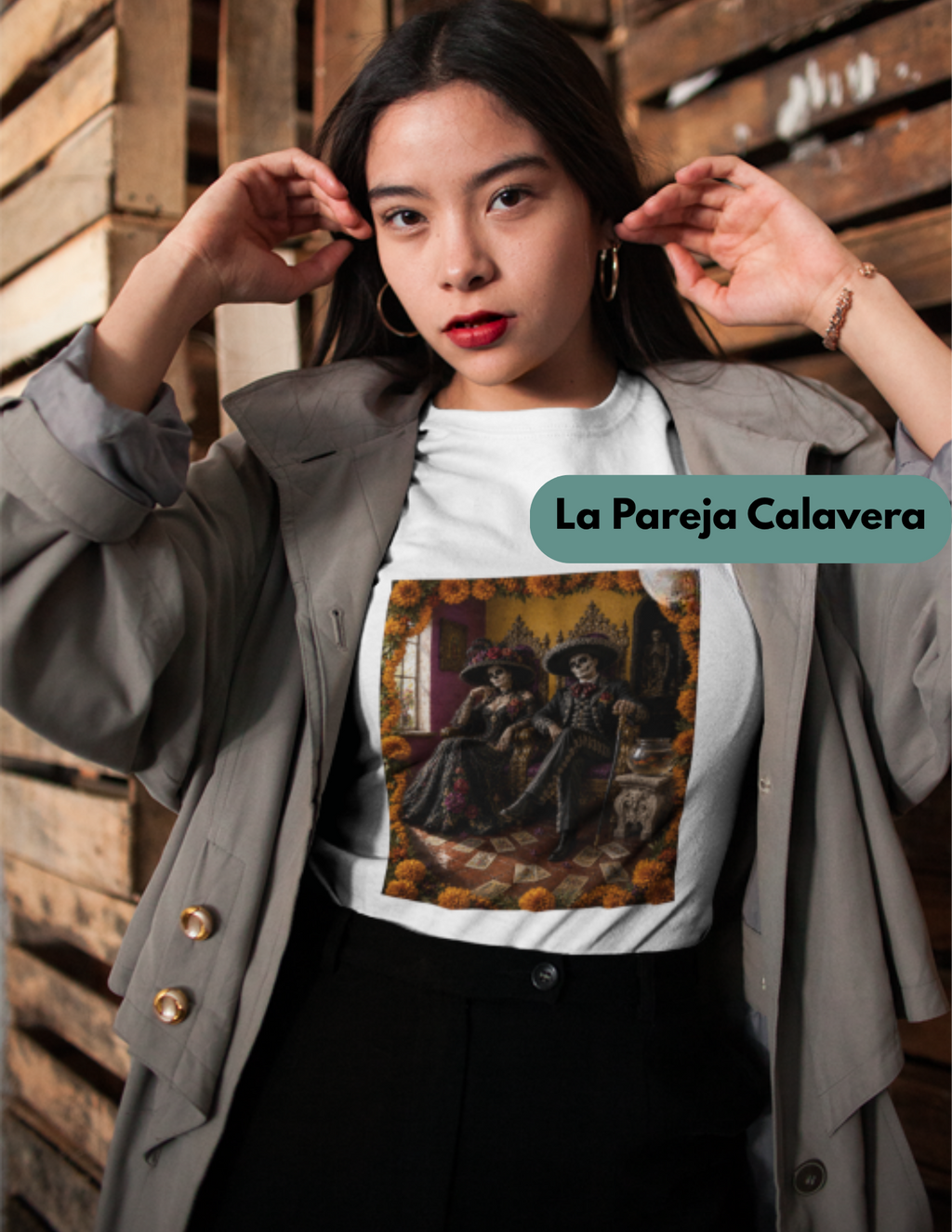 Gothic Day of the Dead graphic tee featuring elegant skeletal couple and Mexican-inspired artistic symbolism