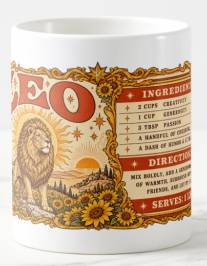 Coffee mug featuring vintage Leo zodiac artwork with a golden lion, radiant sun, sunflowers, and a playful personality recipe in warm orange and gold.