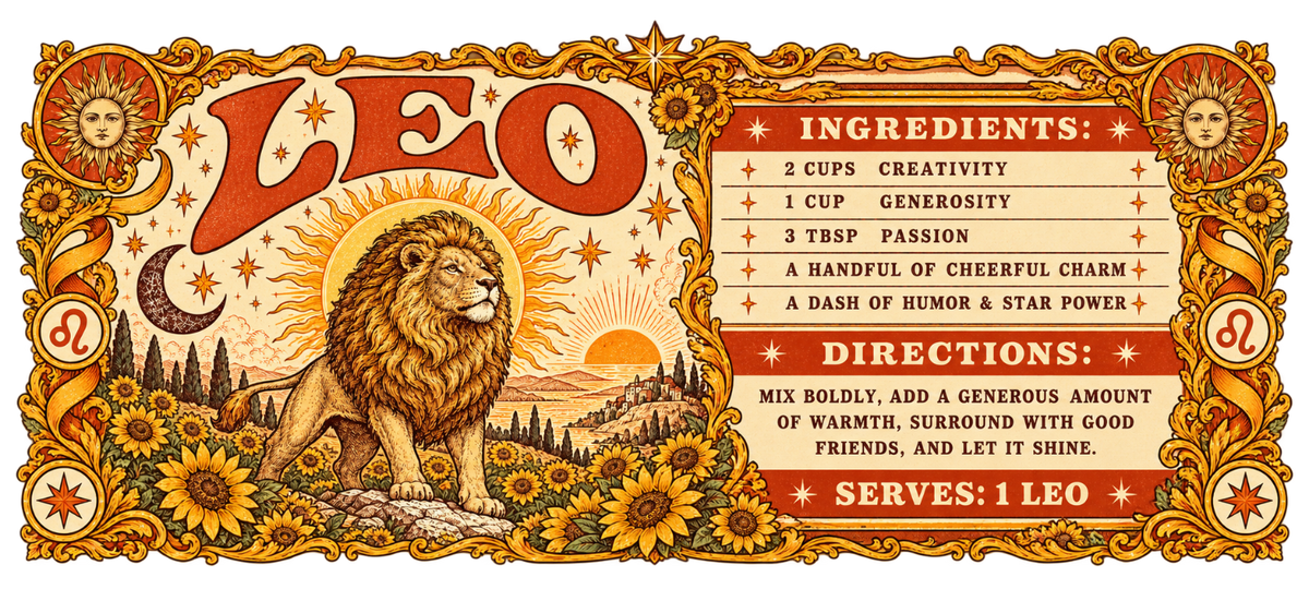 Wide vintage Leo artwork with a golden lion, sunflowers, celestial symbols, ornate floral border, and a playful personality recipe in orange and gold.
