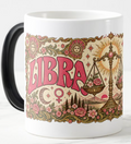 Coffee mug featuring vintage Libra artwork with coral lettering, golden scales filled with flowers, celestial symbols, and a recipe for harmony.