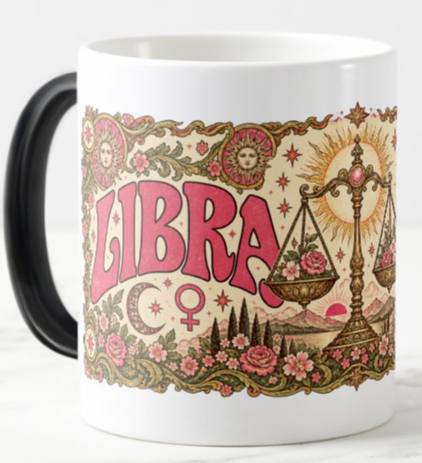 Coffee mug featuring vintage Libra artwork with coral lettering, golden scales filled with flowers, celestial symbols, and a recipe for harmony.