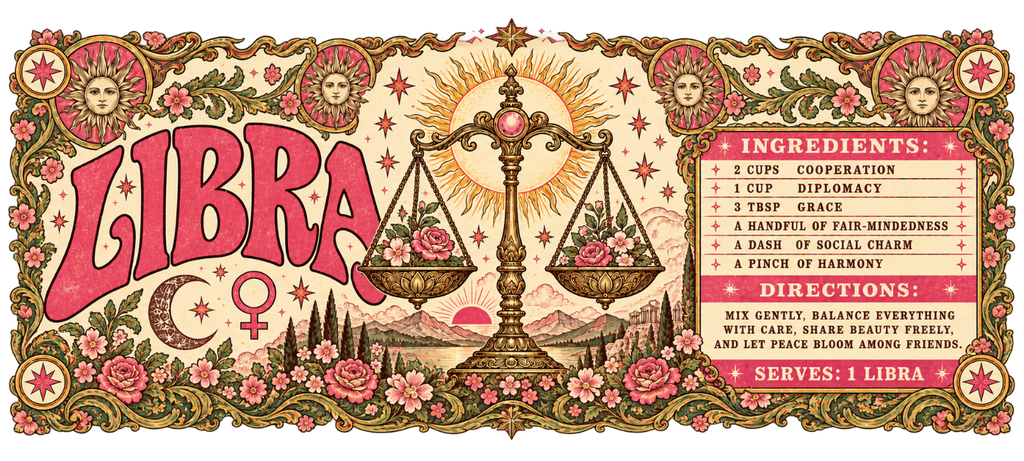 Wide vintage Libra artwork with coral lettering, golden scales holding flowers, celestial symbols, and a recipe for harmony inside a floral border.