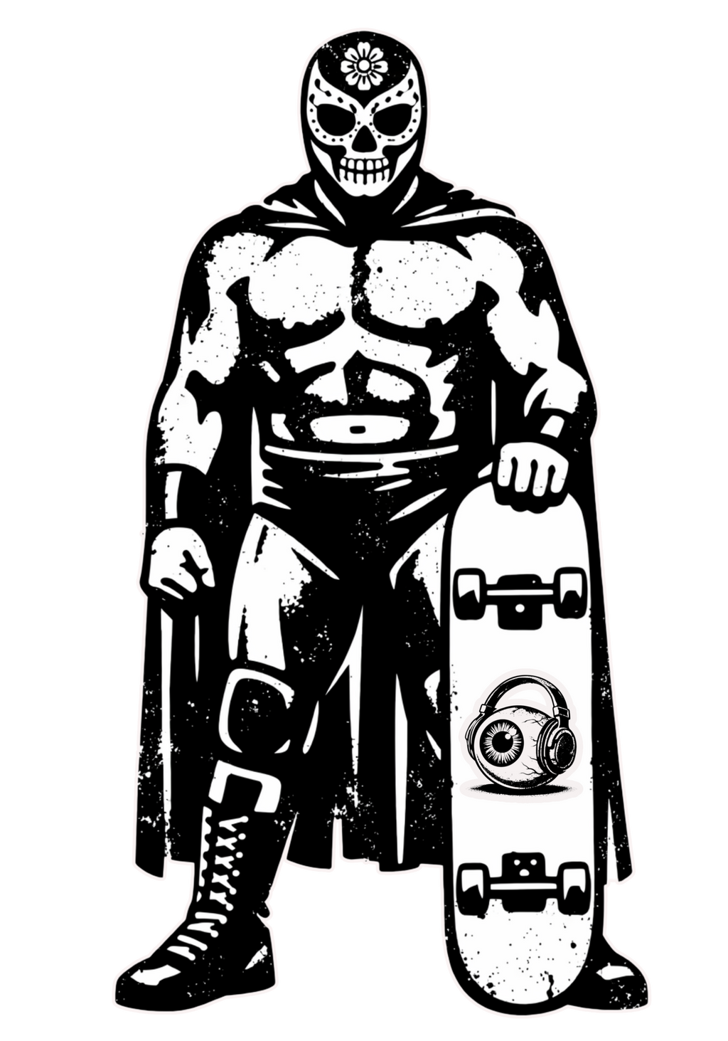 Lucha Sk8 graphic t-shirt featuring masked luchador skateboarder with underground skate aesthetic