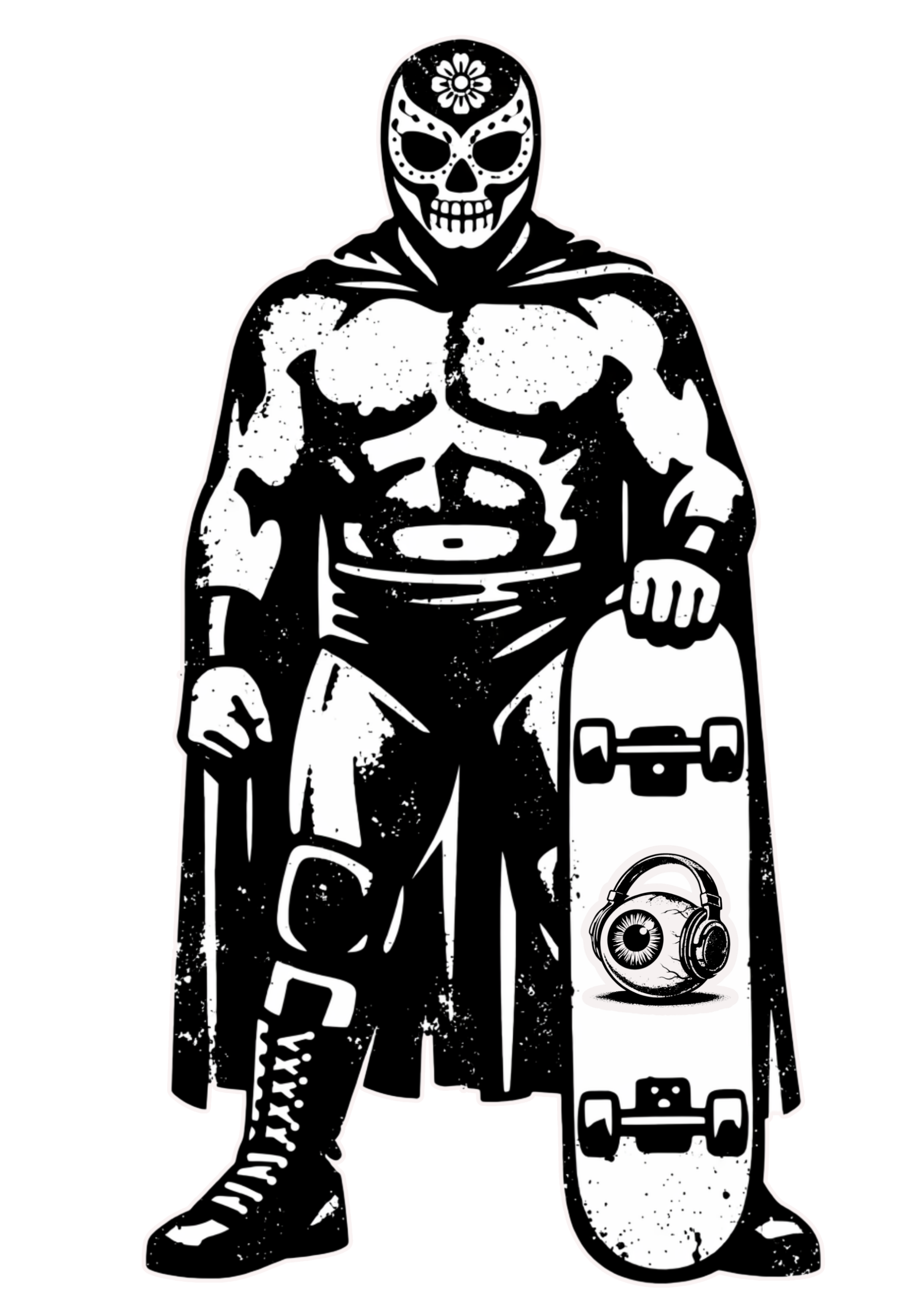 Lucha Sk8 graphic t-shirt featuring masked luchador skateboarder with underground skate aesthetic