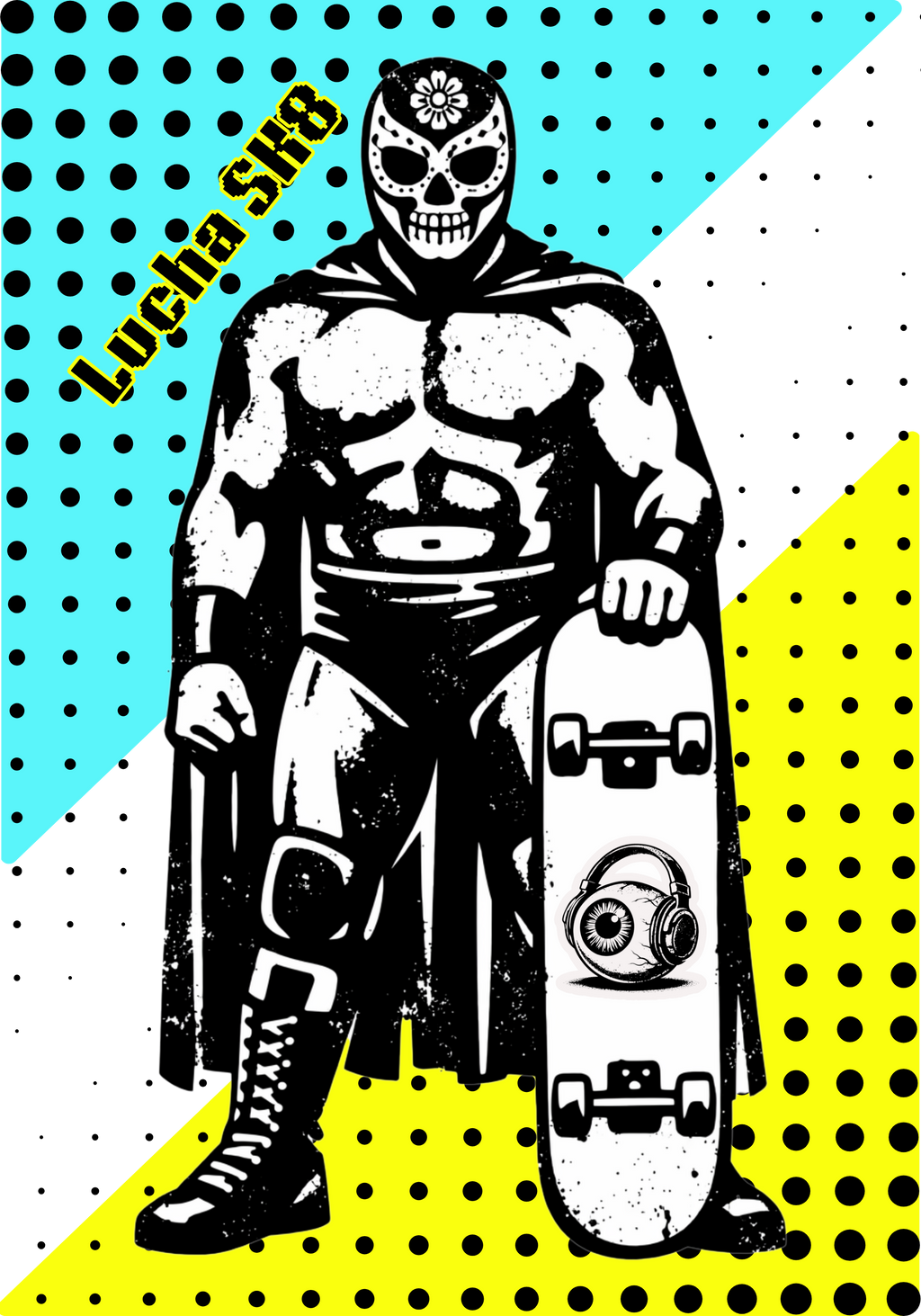 Retro 80s Lucha Sk8 graphic t-shirt featuring masked skateboarder, arcade-inspired shapes, and vintage skate culture artwork