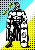 Retro 80s Lucha Sk8 graphic t-shirt featuring masked skateboarder, arcade-inspired shapes, and vintage skate culture artwork