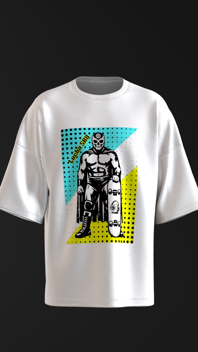 California skate culture graphic tee blending lucha libre character design and retro streetwear aesthetics