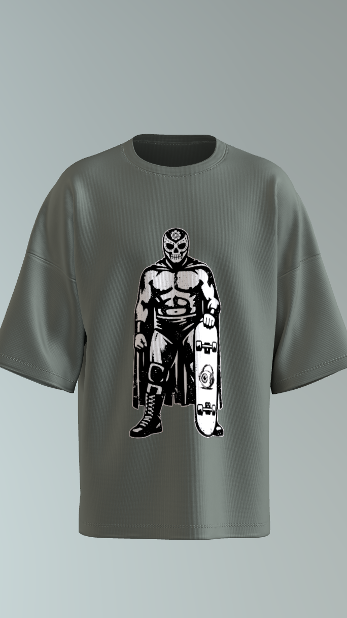 Lucha libre skateboarding shirt with punk streetwear and music-inspired symbolism