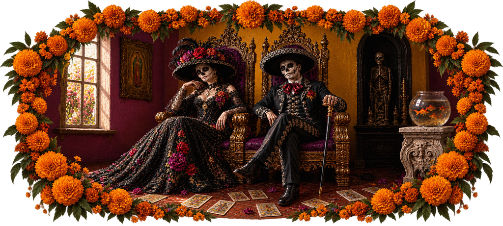 Portrait artwork of a seated calavera couple wearing a floral black dress and embroidered charro suit, surrounded by marigolds in an ornate room.
