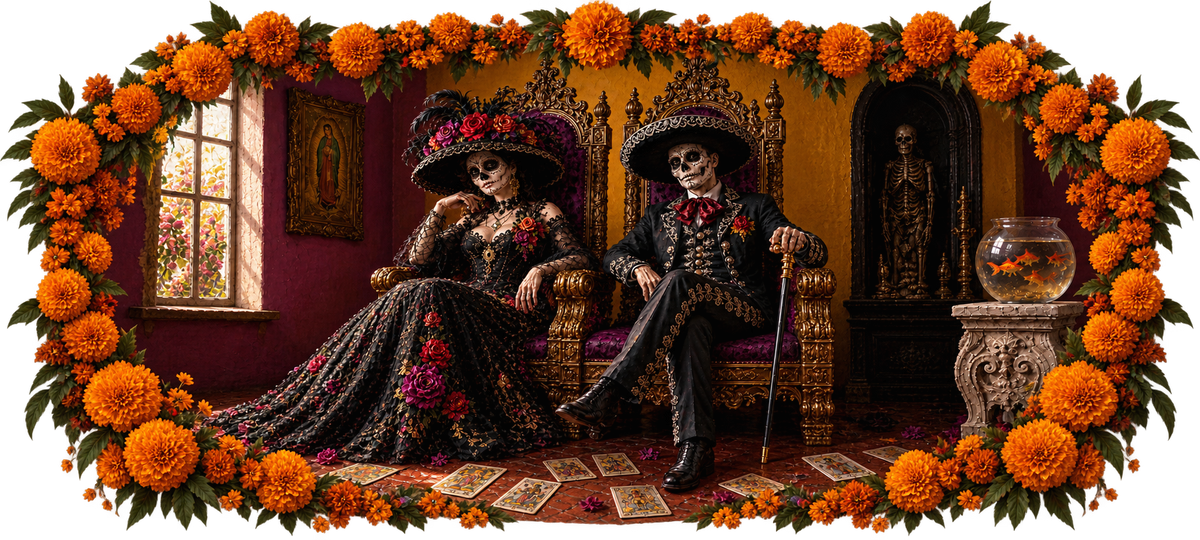 Portrait artwork of a seated calavera couple wearing a floral black dress and embroidered charro suit, surrounded by marigolds in an ornate room.
