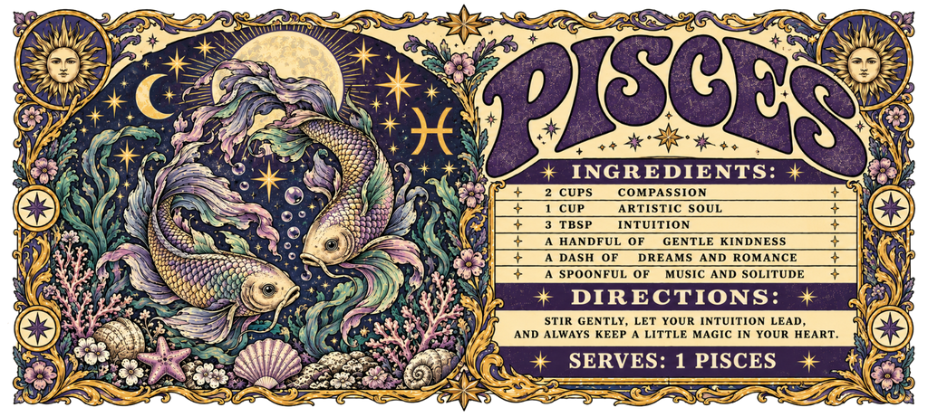 Vertical Pisces poster with two ornate fish, a moon, stars, shells, floral borders, and a personality recipe in purple, gold, cream, and sea green.