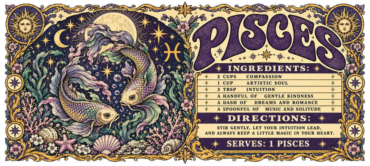 Vertical Pisces poster with two ornate fish, a moon, stars, shells, floral borders, and a personality recipe in purple, gold, cream, and sea green.