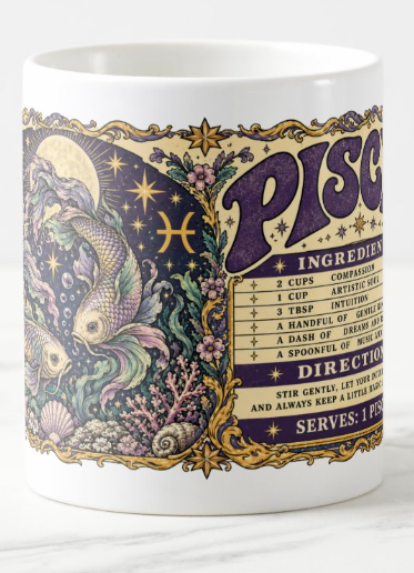 Wide vintage Pisces artwork with two flowing fish beneath a moon on the left and a zodiac personality recipe on the right, framed in purple and gold.