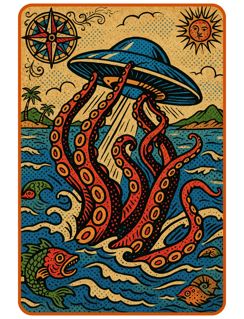 Kraken vs UFO graphic t-shirt featuring sea monster and alien mystery artwork