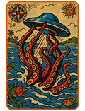 Kraken vs UFO graphic t-shirt featuring sea monster and alien mystery artwork