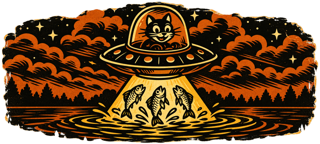 Wide vintage-style illustration of a smiling cat piloting a UFO, lifting three fish from a lake with a golden tractor beam amid orange clouds and stars.