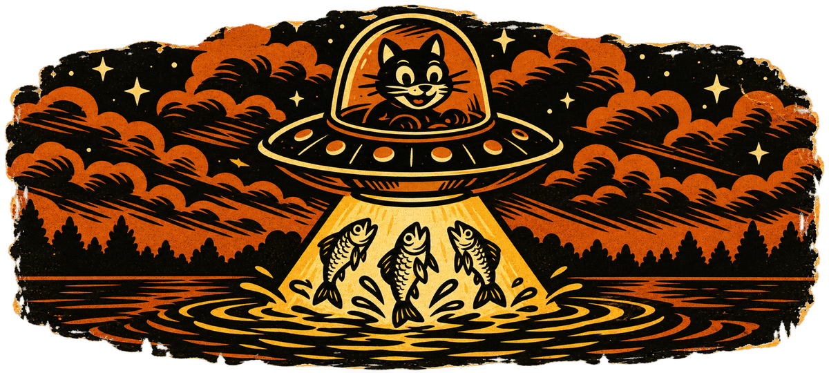 Wide vintage-style illustration of a smiling cat piloting a UFO, lifting three fish from a lake with a golden tractor beam amid orange clouds and stars.