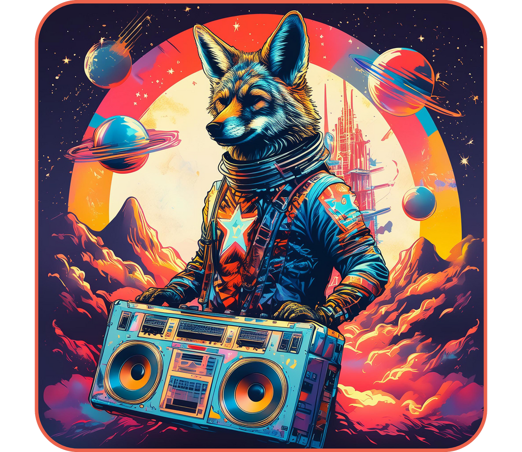 Galactic coyote graphic t-shirt inspired by desert mysticism and cosmic symbolism