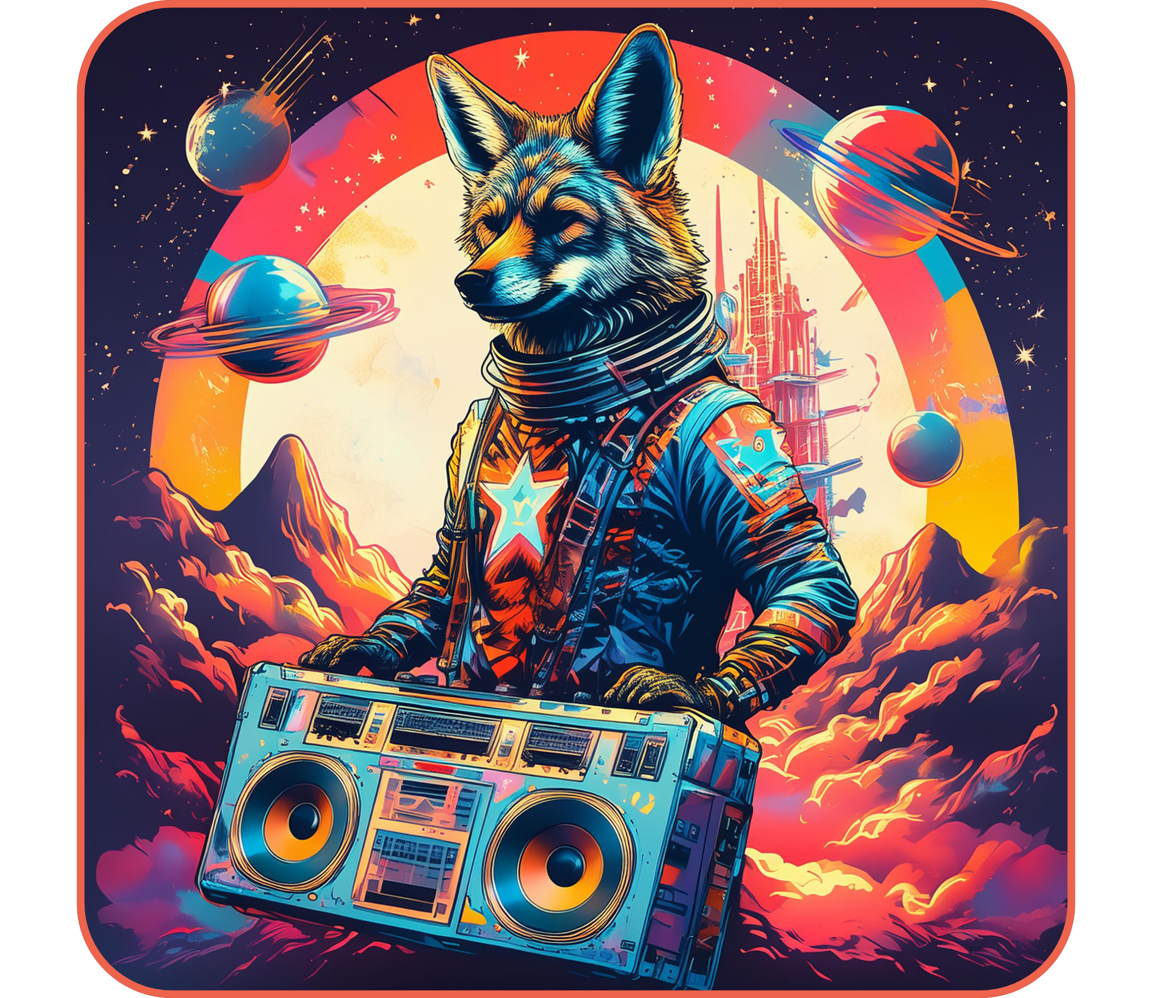 Galactic coyote graphic t-shirt inspired by desert mysticism and cosmic symbolism