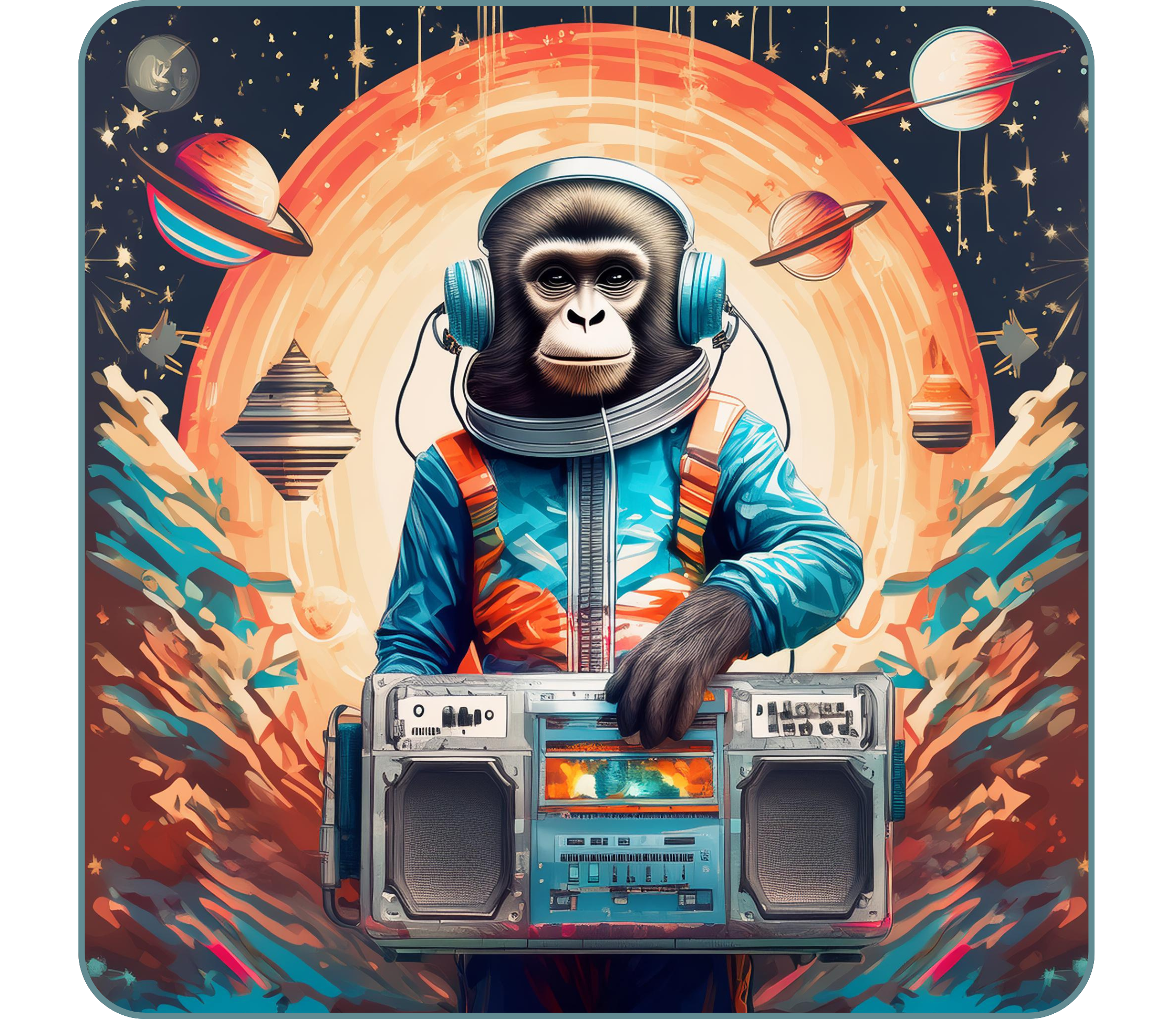 Retro cosmic monkey graphic t-shirt inspired by underground music and vintage signal culture