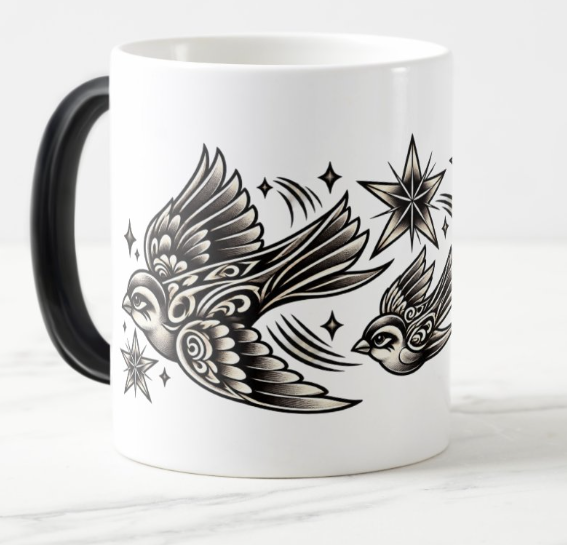 Horizontal black-and-white tattoo-style artwork featuring three flying sparrows with ornate feathers, three nautical stars, small sparkles, and curved accents on a transparent background.