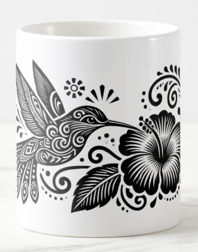 Square black and white folk-style artwork of a hummingbird with raised wings beside a hibiscus flower, framed by leaves, spirals, dots, and sun motifs.