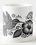 Square black and white folk-style artwork of a hummingbird with raised wings beside a hibiscus flower, framed by leaves, spirals, dots, and sun motifs.