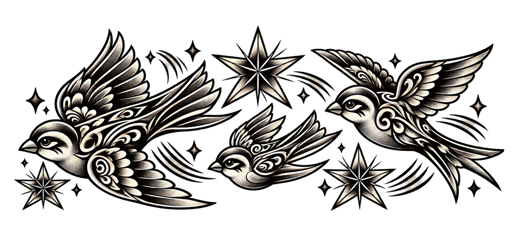 Tall black-and-white tattoo-style composition of three flying sparrows with decorative feather patterns, nautical stars, small sparkles, and sweeping curved accents.