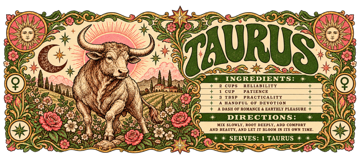 Vertical vintage Taurus poster with large green lettering, a bull beneath a pink sun, roses, celestial symbols, and an ingredients-and-directions panel.