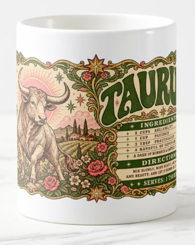 Wide vintage Taurus design with a bull among roses, sun and moon motifs, floral scrollwork, and a zodiac personality recipe in green, pink, and cream.