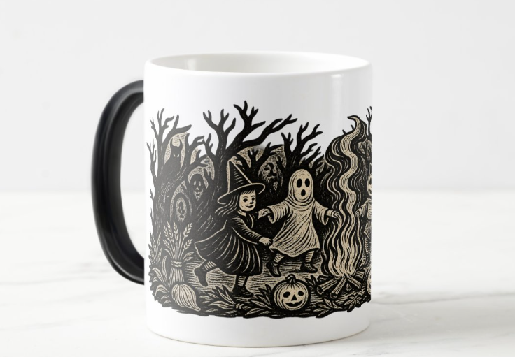 White ceramic coffee mug with black handle featuring the “Gather ’Round the Fire” vintage Halloween design of a witch, ghost, jack-o’-lantern, and spooky woodland bonfire scene.