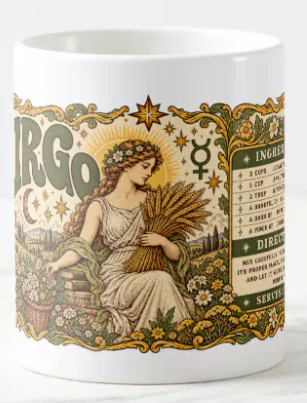 
Coffee mug featuring vintage Virgo artwork with a maiden holding wheat, golden celestial motifs, an olive-green floral border, and a zodiac personality recipe.