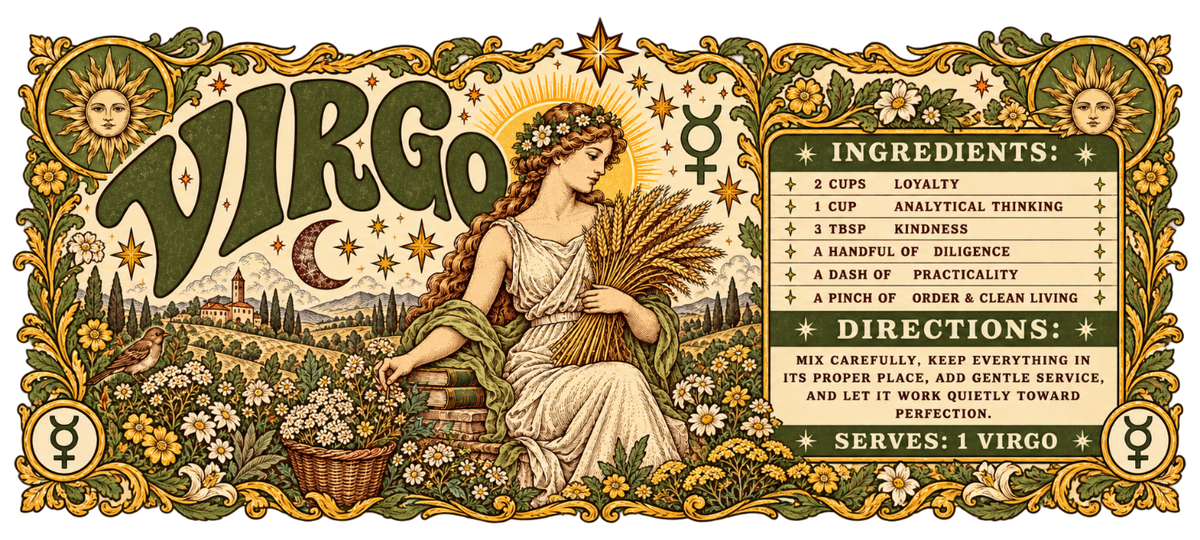 Wide vintage Virgo artwork with a wheat-holding maiden, floral border, sun faces, Mercury symbols, and a personality recipe in olive, gold, and cream.