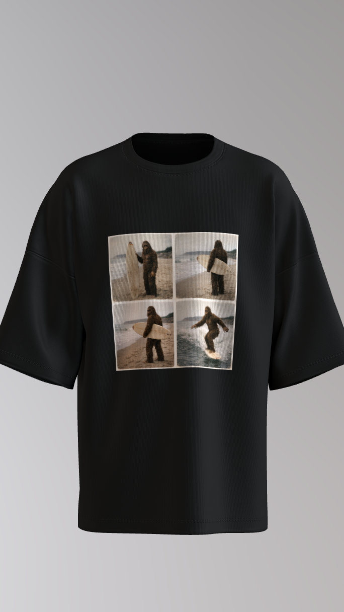 Bigfoot surf shirt with retro beach photography aesthetic and cryptid humor