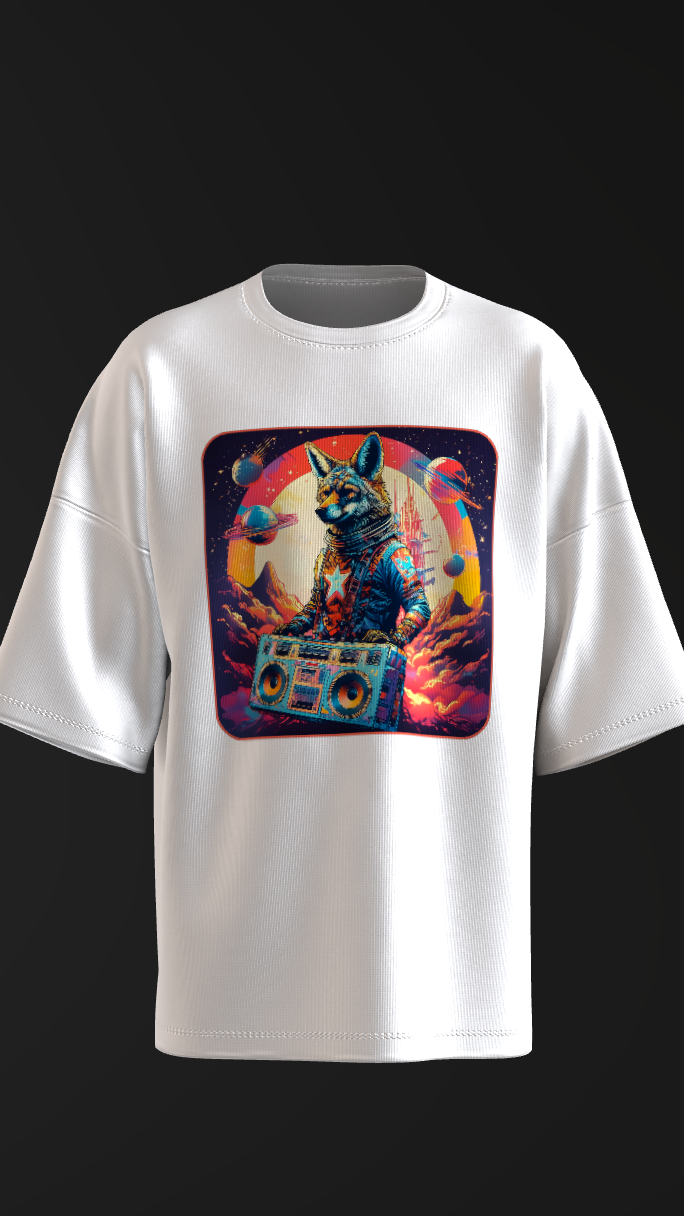 Cosmic coyote shirt blending Southwest desert aesthetics and celestial art