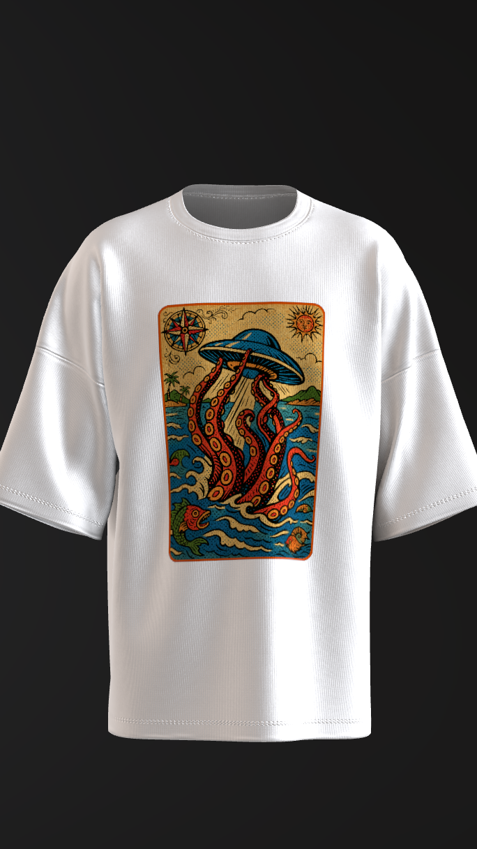 Retro mystery shirt inspired by kraken mythology and UFO culture