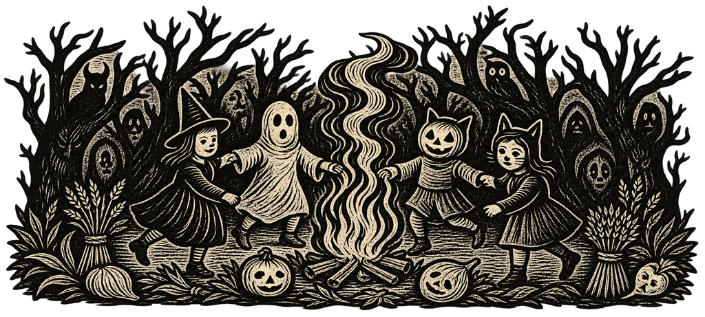 Vintage Halloween folk art illustration of ghosts, witches, pumpkin-headed figures, and masked creatures dancing around a bonfire in a dark woodland scene.