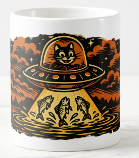 cat coffee mug, sci-fi coffee mug, fishing coffee mug, UFO cat art, cat lover gift, gift for anglers, retro sci-fi art, alien fishing design, vintage cat illustration, interstellar fishing