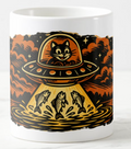 cat coffee mug, sci-fi coffee mug, fishing coffee mug, UFO cat art, cat lover gift, gift for anglers, retro sci-fi art, alien fishing design, vintage cat illustration, interstellar fishing